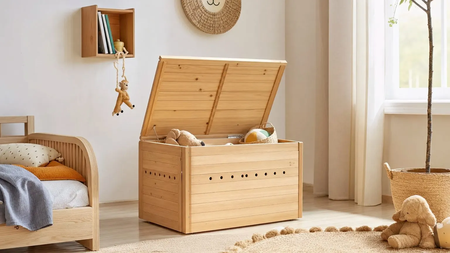 Coffre de rangement jouets extérieur avec trous d'aération et de drainage posé dans un jardin