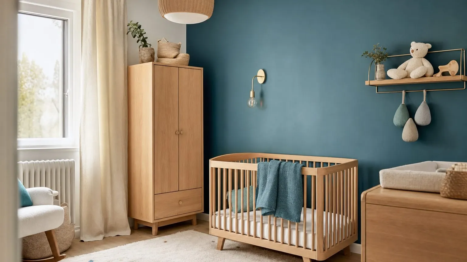 Chambre bébé bleu canard avec un mur accent, mobilier en bois clair et touches de laiton