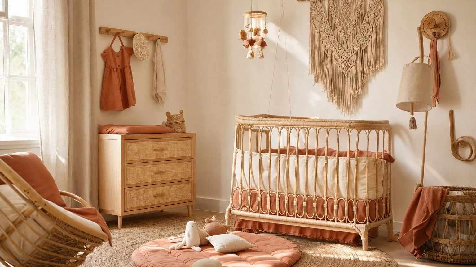 Chambre bébé fille bohème avec rotin, coton brut et macramé dans une palette terracotta et sable