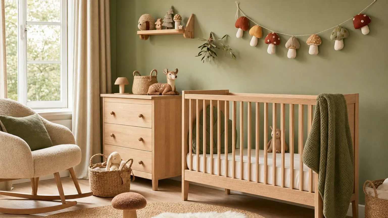 Chambre bébé forêt enchantée avec mur vert sauge, guirlande champignons en tissu et mobilier en bois clair