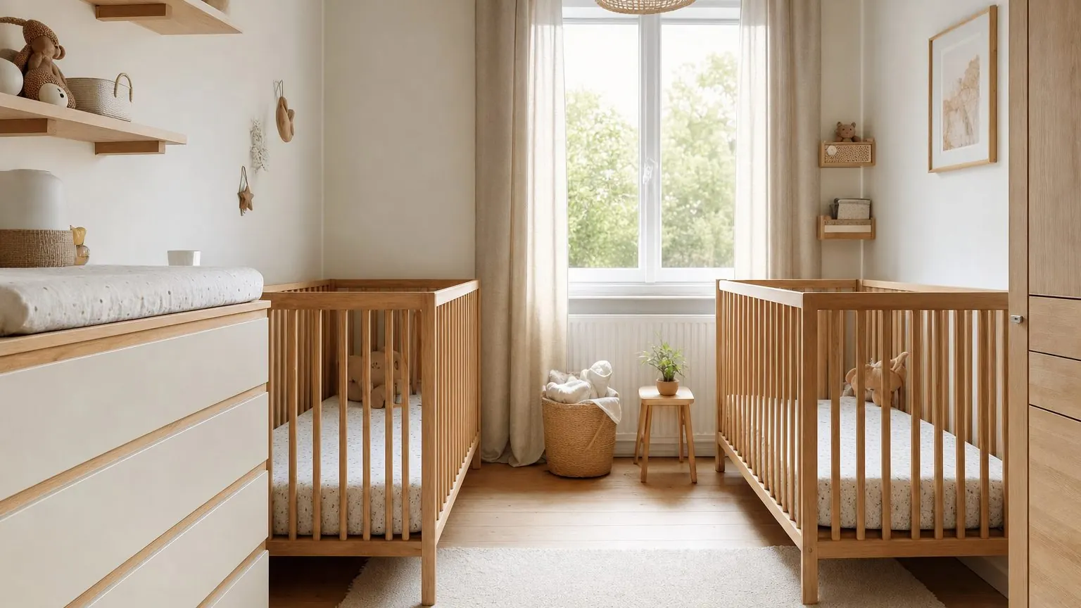 Chambre bébé jumeaux avec deux lits à barreaux séparés, table à langer et commode mutualisées dans 9 m²