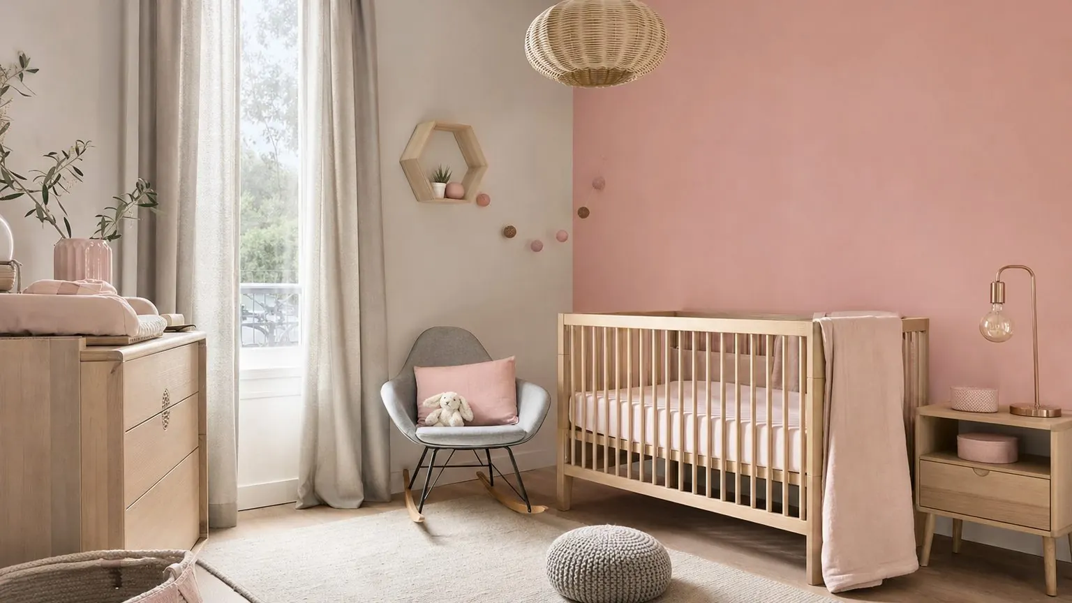Chambre bébé fille en rose poudré et gris, mur d'accent rose et mobilier en bois clair