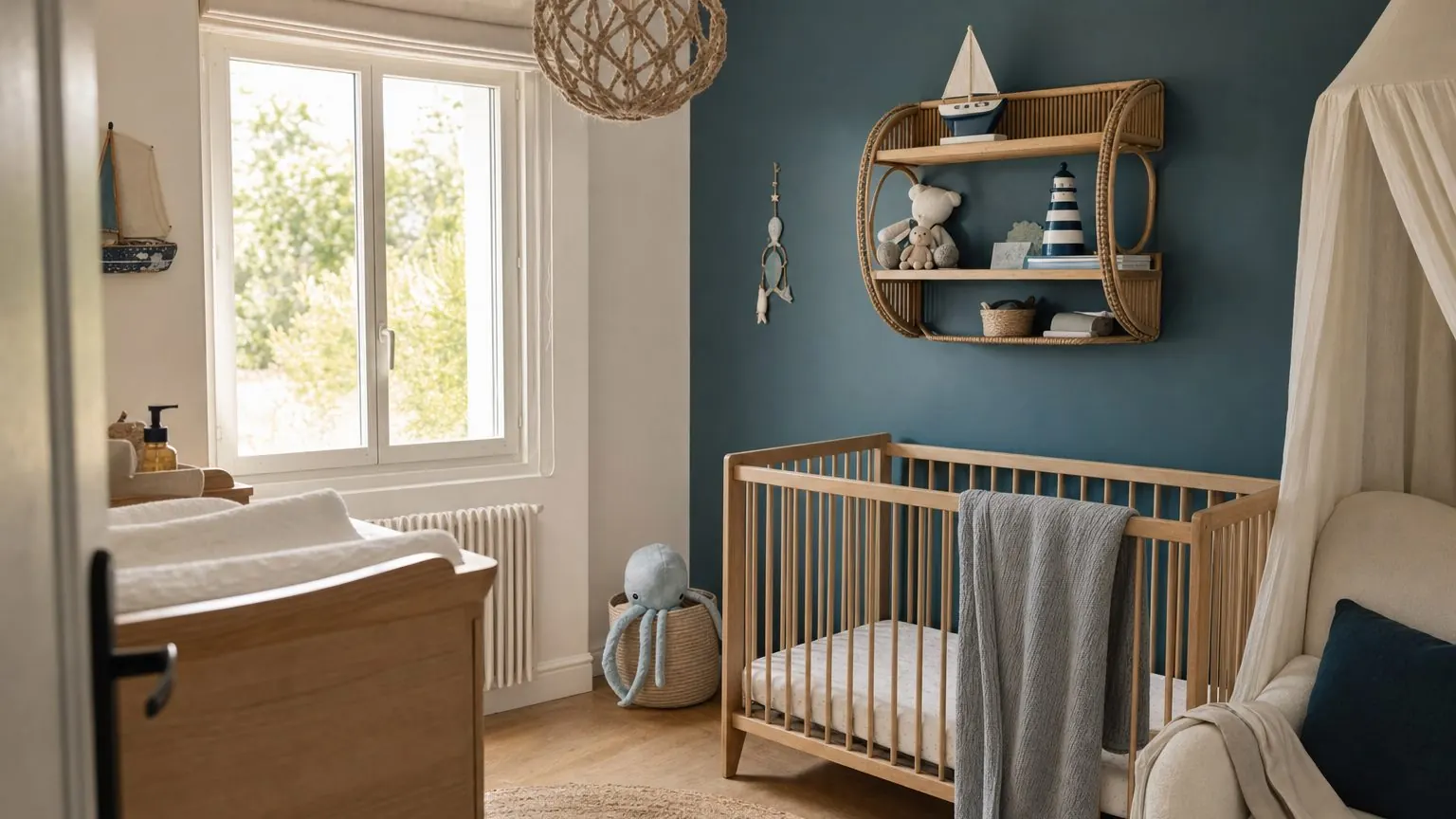 Chambre bébé thème marin avec mur bleu pétrole, étagère en rotin et suspension en corde