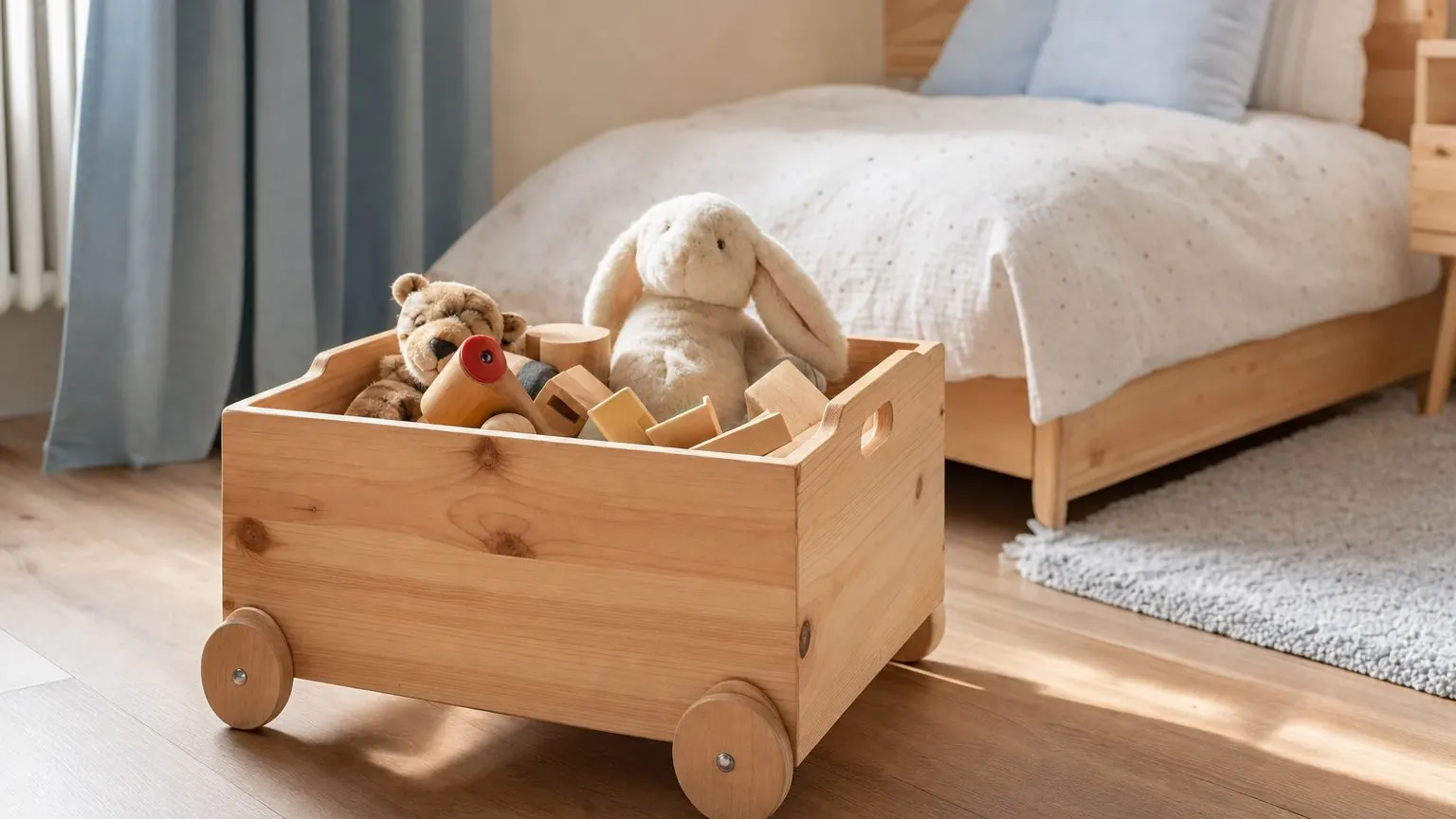 Chariot à roulettes en bois rempli de jouets dans une chambre d'enfant