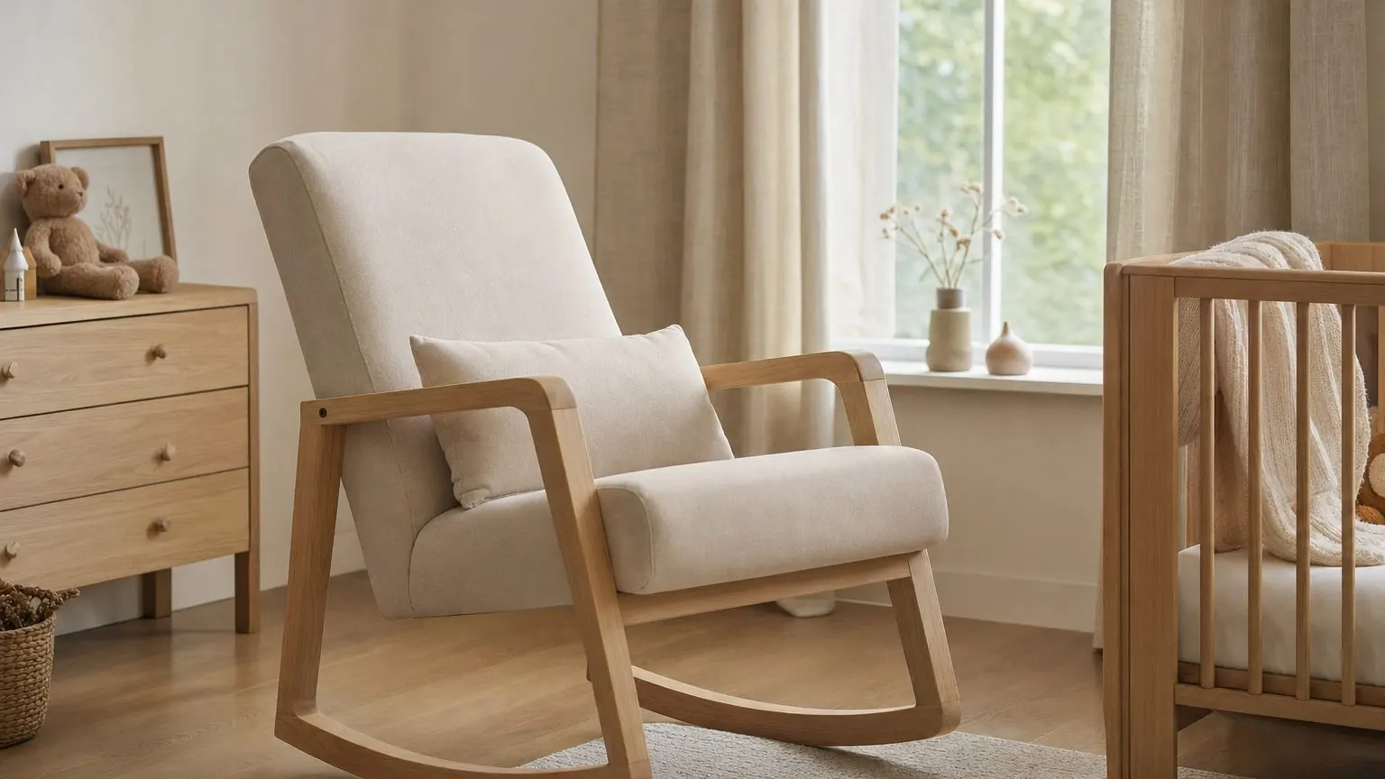 Fauteuil d'allaitement à bascule dans une chambre de bébé, avec accoudoirs larges et dossier incliné