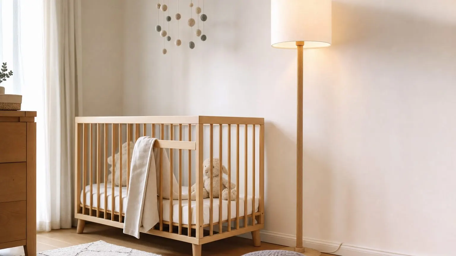 Lampe sur pied contre un mur dans une chambre de bébé, câble fixé le long de la plinthe