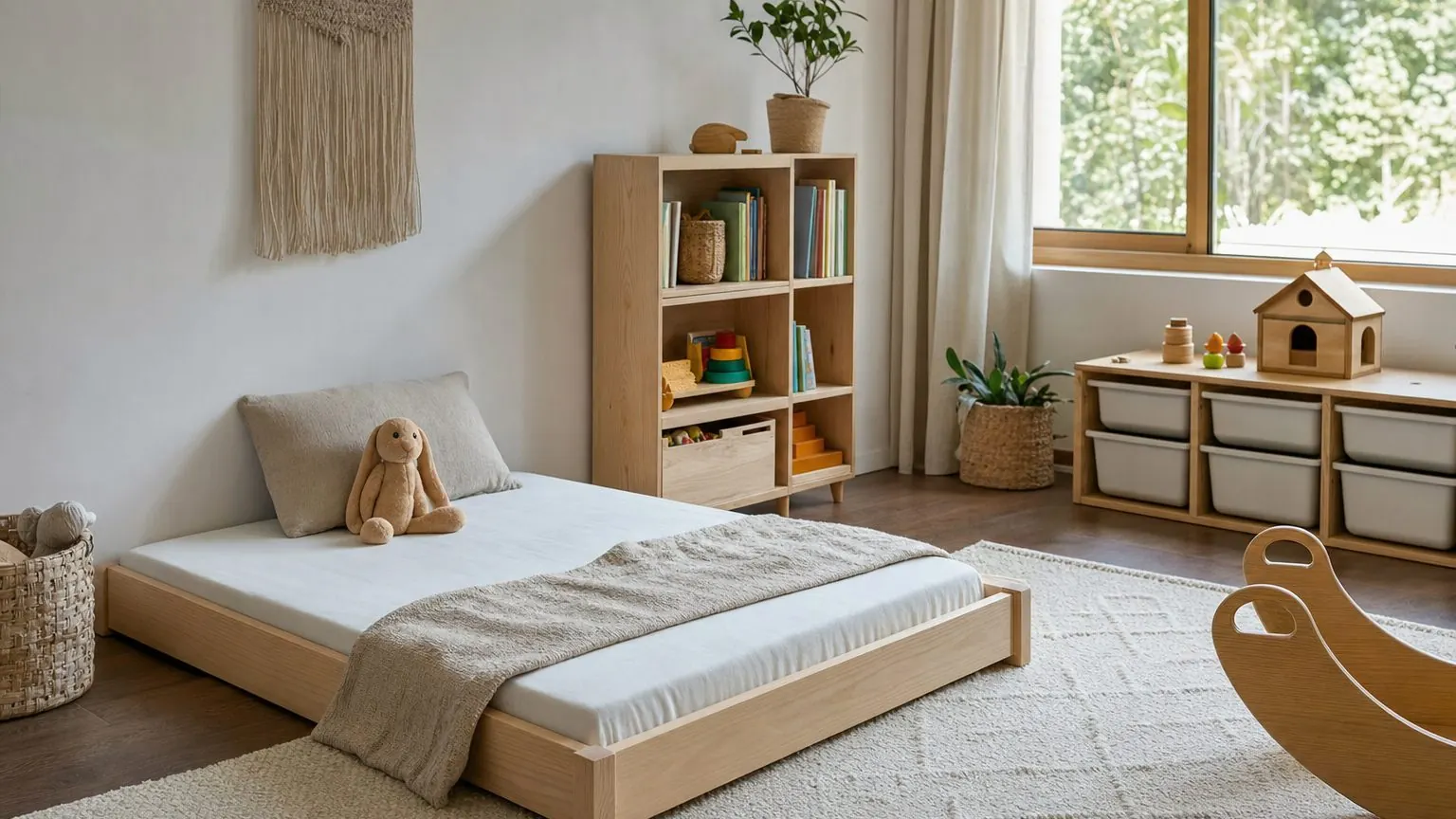 Lit au sol Montessori pour enfant de 2 ans avec matelas ferme dans une chambre sécurisée