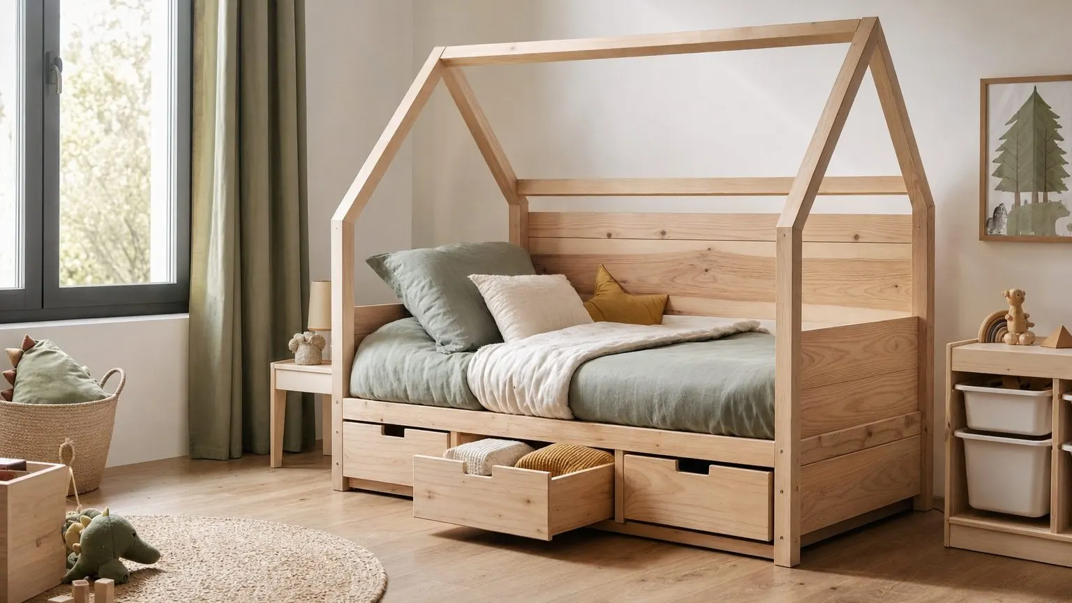 Lit cabane avec rangement en bois, tiroirs intégrés sous le sommier dans une chambre d'enfant