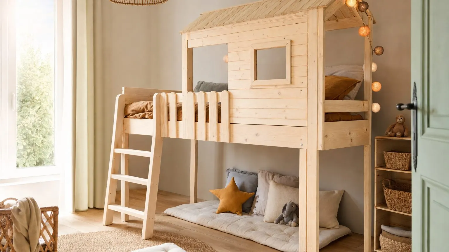 Lit cabane en hauteur pour enfant, avec échelle en bois et barrière de sécurité