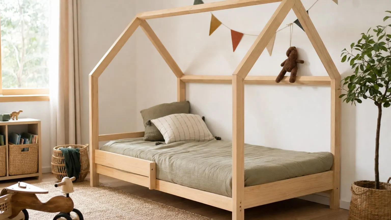 Lit cabane en bois avec matelas 90x190, repère visuel de l'âge jusqu'où il reste adapté
