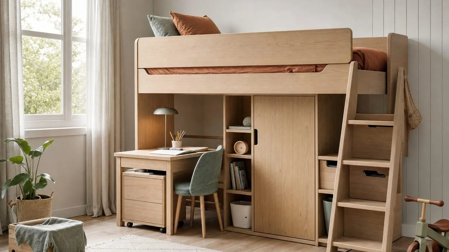 Lit enfant gain de place avec bureau et rangement sous un couchage surélevé en bois