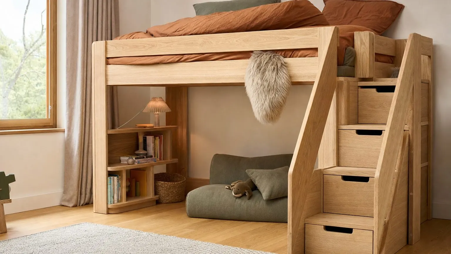 Lit enfant avec escalier et rampe, couchage surélevé sécurisé pour un enfant de plus de 6 ans
