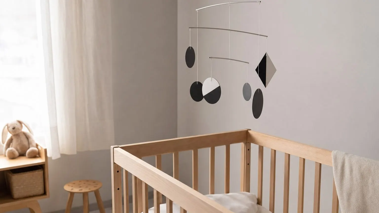 Mobile bébé Montessori en noir et blanc façon Munari suspendu au-dessus d'un lit à barreaux