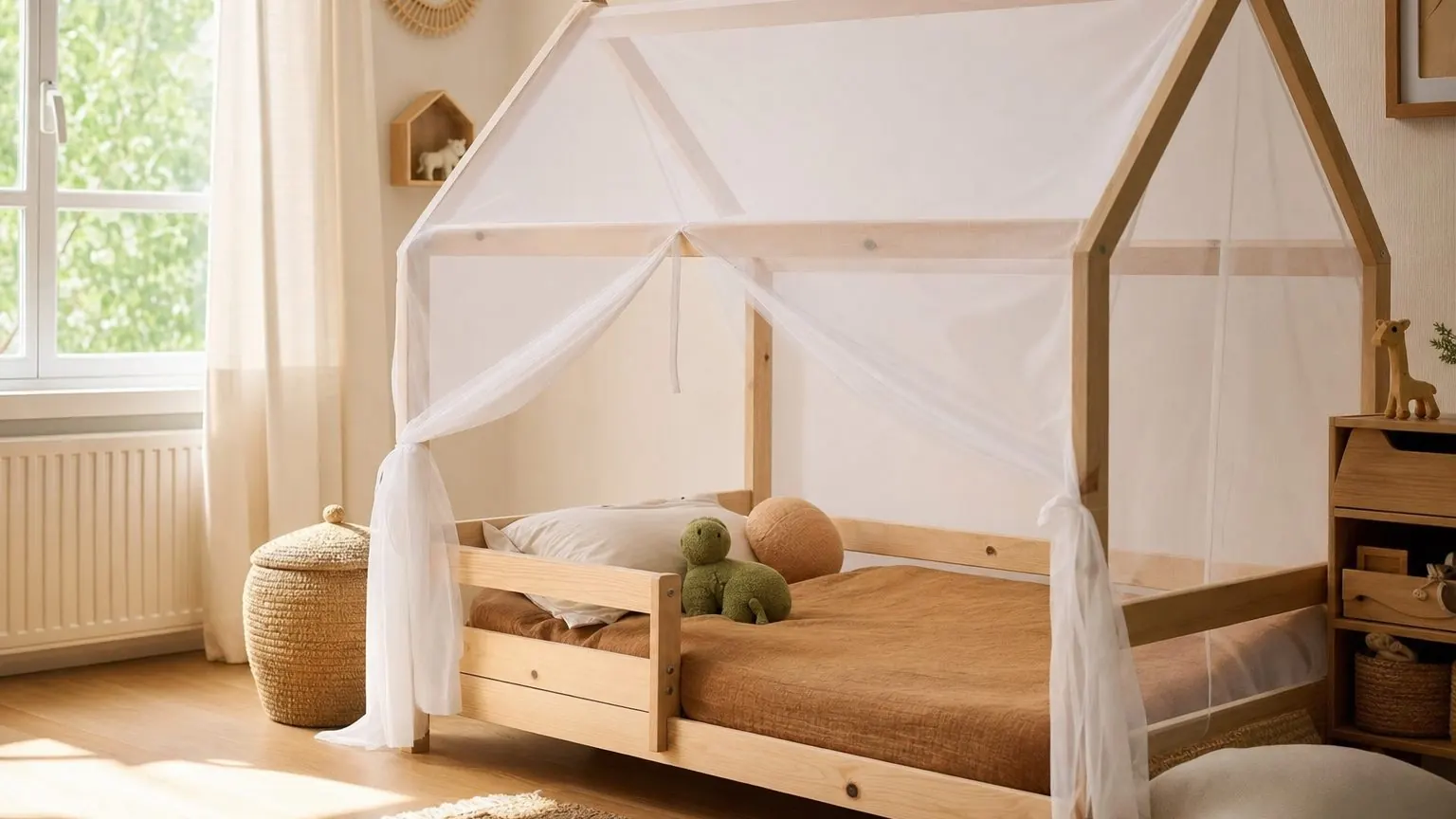Moustiquaire blanche tendue au-dessus d'un lit cabane en bois dans une chambre d'enfant