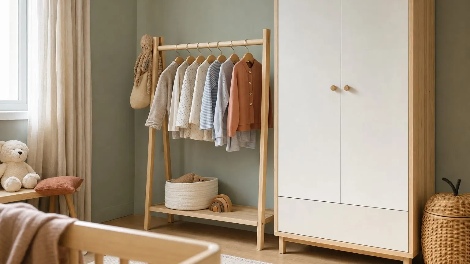 Portant à vêtements ouvert dans un coin de chambre de bébé, à côté d'une penderie fermée