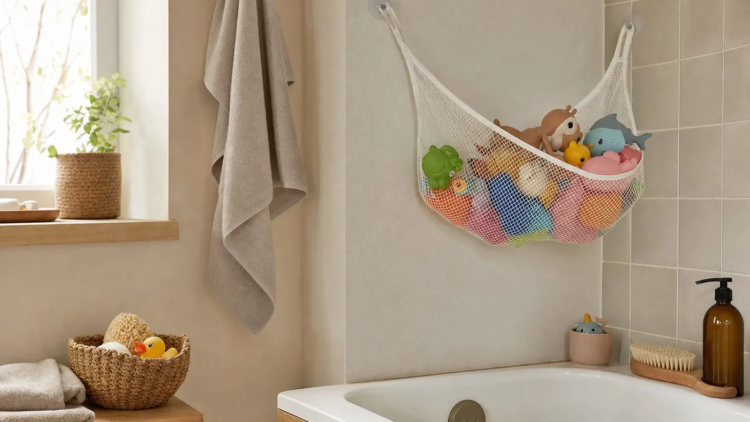 Filet de rangement à ventouses rempli de jouets de bain qui sèchent au-dessus d'une baignoire