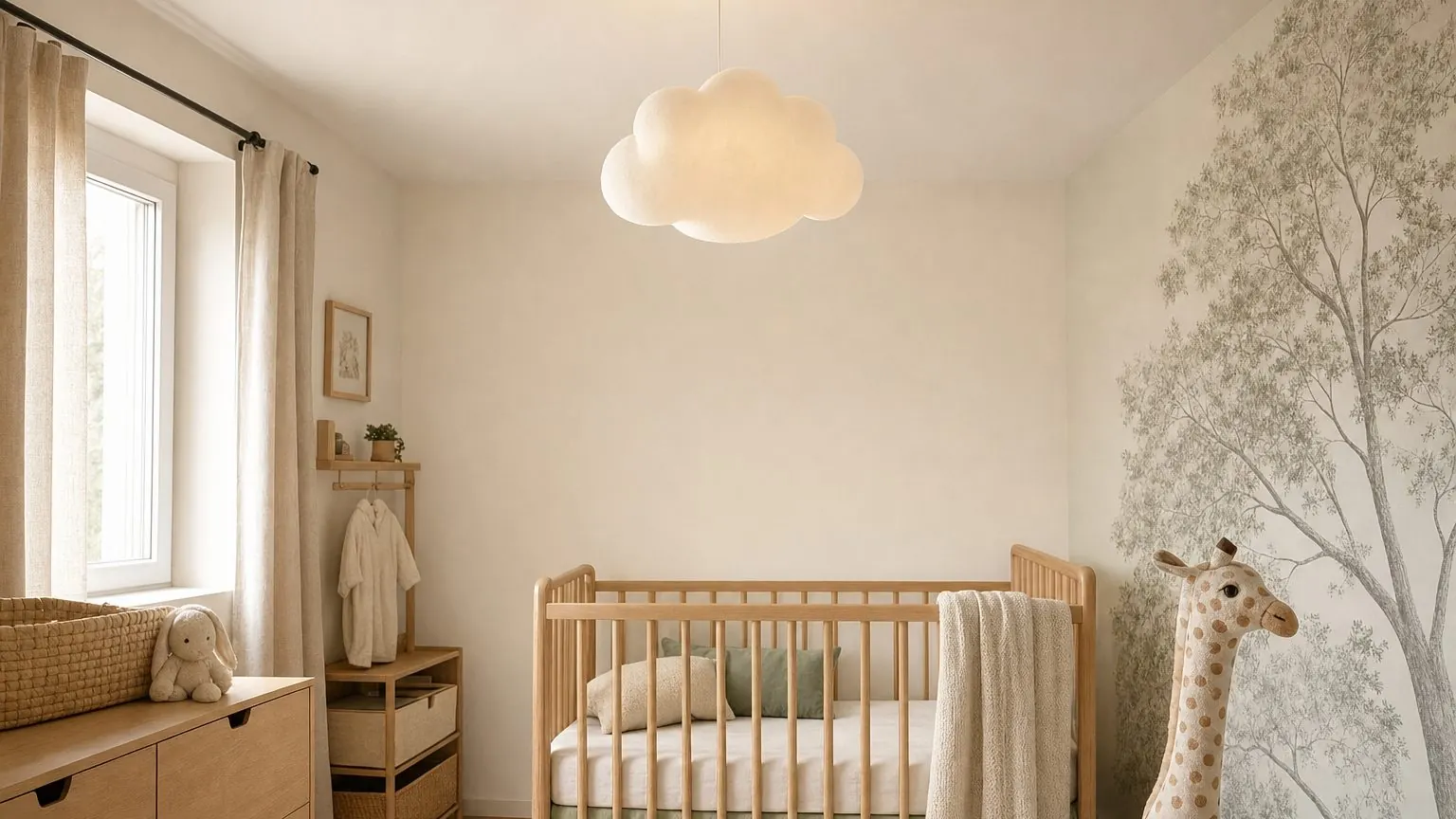Suspension chambre bébé en forme de nuage installée au plafond au-dessus d'un lit à barreaux